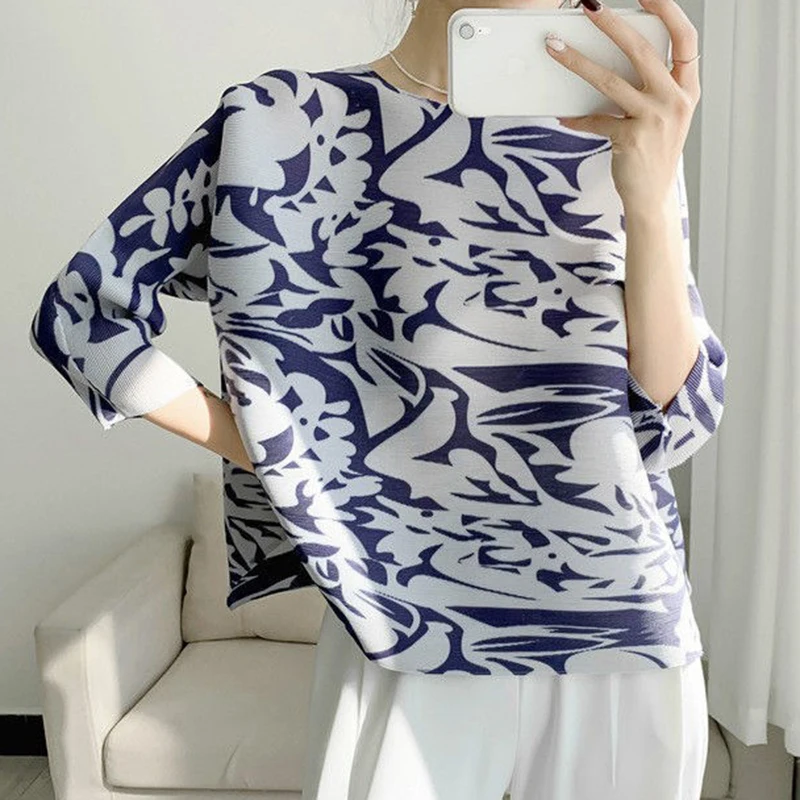 

Fashionable 2023 Summer New Pleated Print 3/4 Sleeve Top for Women oversized t shirt Slight Strech t shirt