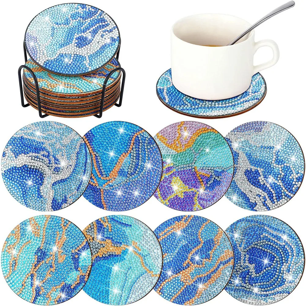 

8PCS Blue Marble Ocean Diamond Art Painting Coasters with Holder DIY Marine Cup Cushion for Adults Kids Beginner Gift Supplies