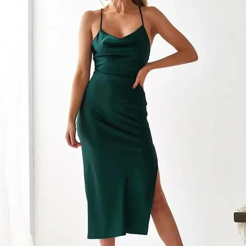 New Elegant Green Sexy V-neck Slit Camisole Slim Fit Women's Dress Summer Sleeveless Straight Simple Fashion Mid Length Dress