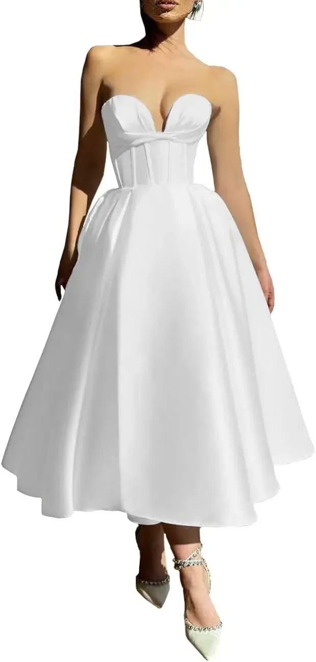 فستان زفاف قصير بدون حمالات فساتين لحضور الحفلات الموسيقية 2025 على شكل قلب من الساتان طول الشاي فساتين حفلات منتفخة للنساء فستان زفاف بسيط