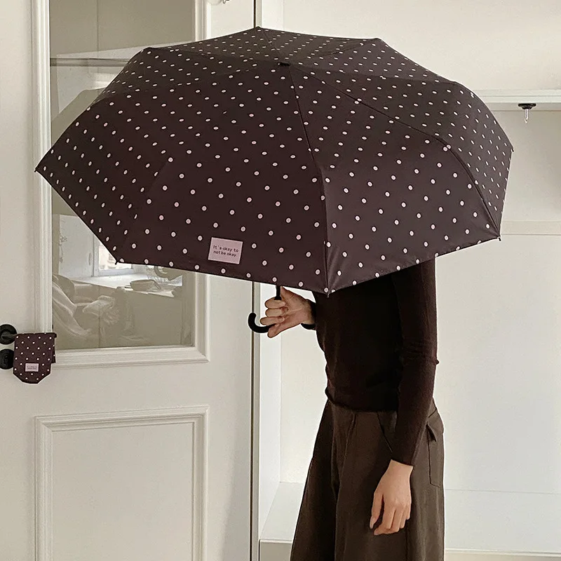 Polka Dot Folding Umbrella Black Gel UV Protection Hook Handle Tri-fold Lightweight Sunshade Rain Umbrella for Outdoor Daily Use
