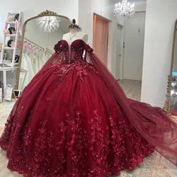 Angelsbridep Luxury Burgundy Ball Gown Quinceanera Dresses With 3D Appliques Cape Lace Up Prom Party Dress Vestidos De Festa