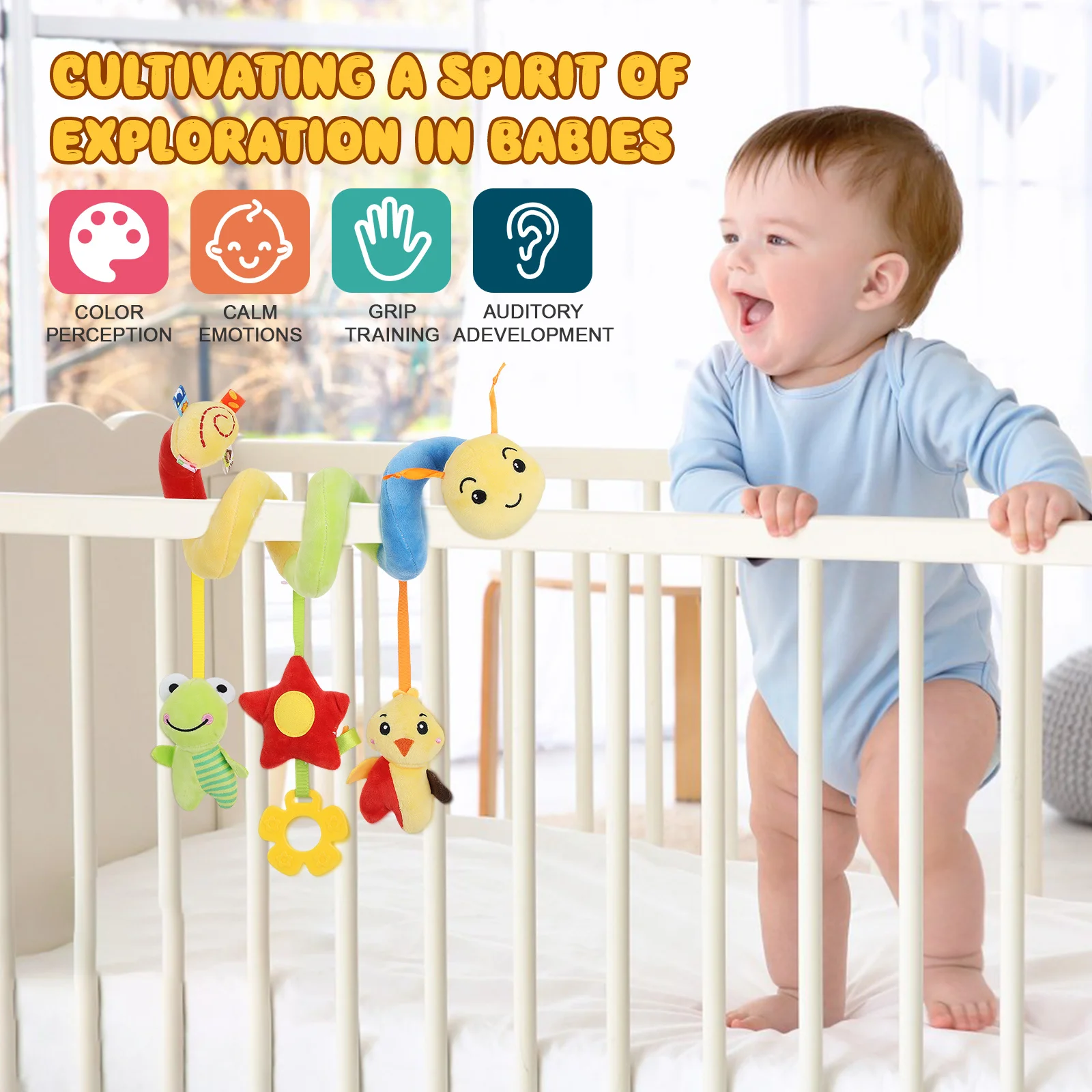 Caterpillar Crib Wrap Soft Cotton Spiral Hanging Baby For Stroller Car Seat Squeaky Rattle Sensory Activity Plaything