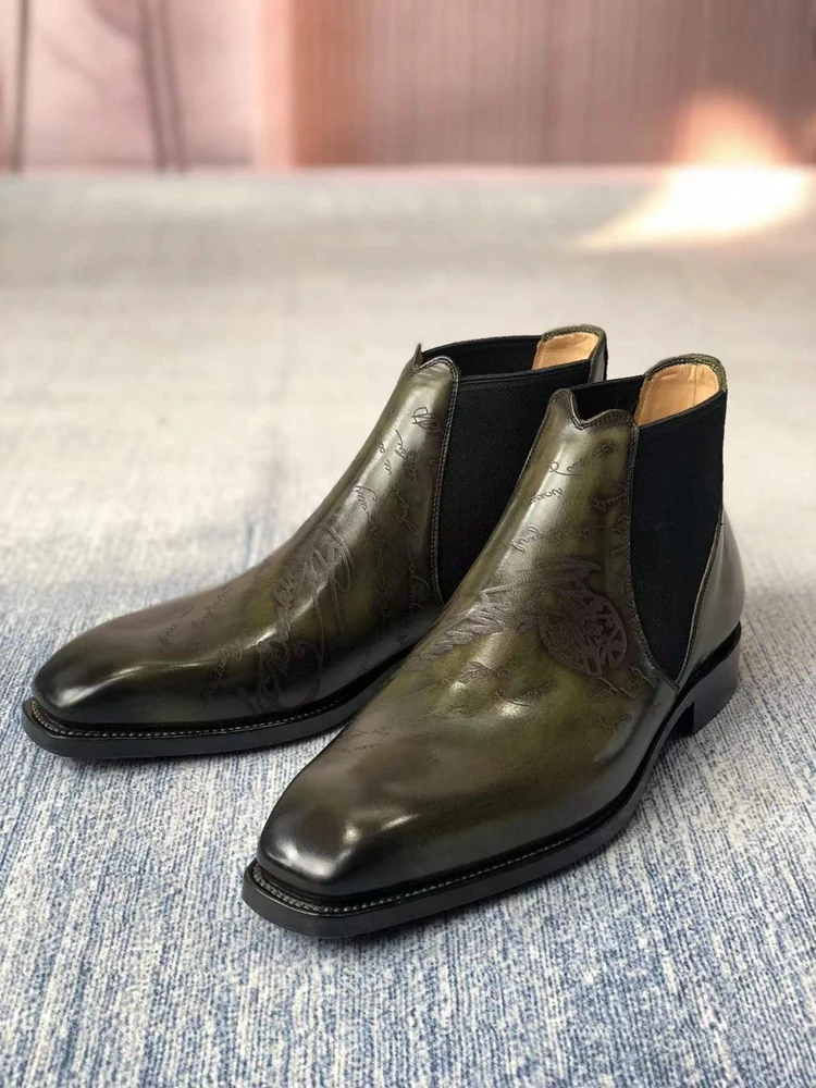 cie Laser Design Chelsea Boot Hand-Painted Full Grain Calf Leather Patina Green Handmade Leather Out-sole Ankle Boots  MA09