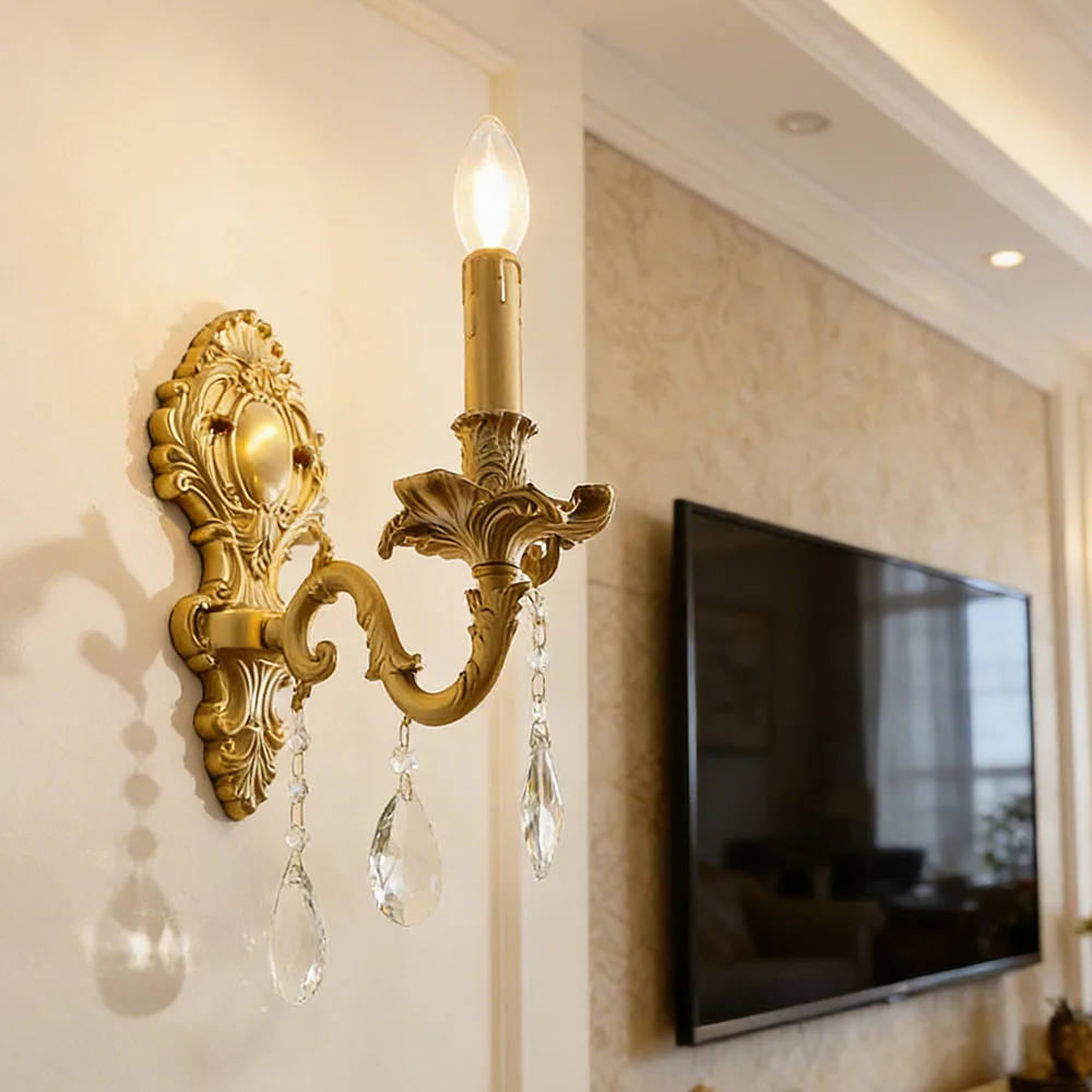 French Luxury Bedroom Light Luxury Tv Background Hotel Bedside Staircase Corridor Imitation Candle Copper Wall Lamp