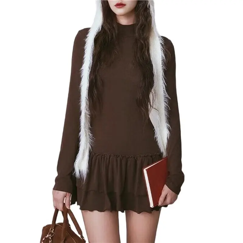 Kf-vestidos femininos de manga comprida, gola simulada, roupas y2k, babado, em camadas, bodycon, mini vestido de festa, imperdível