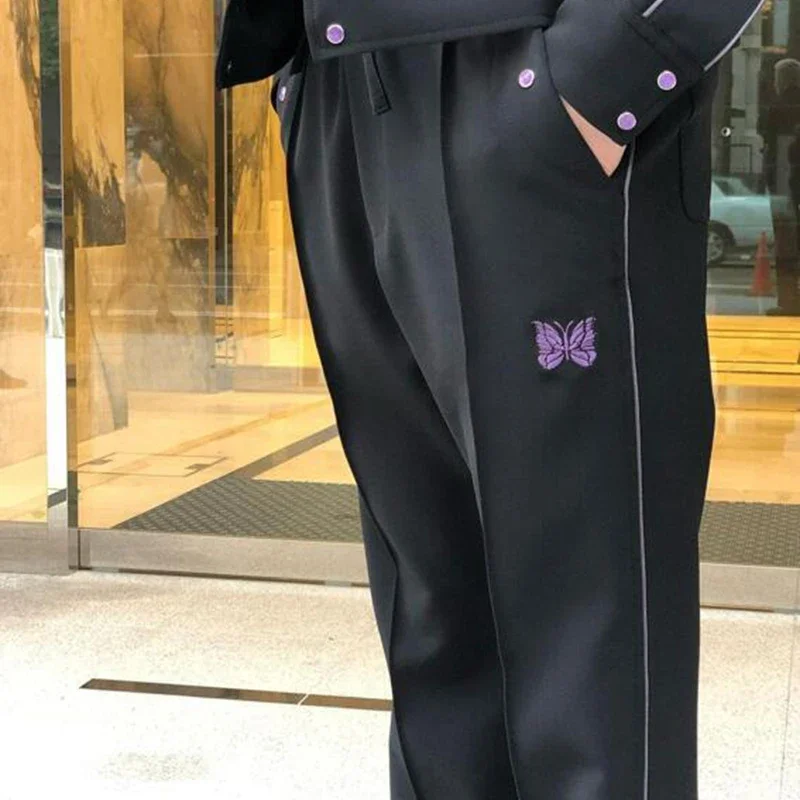 Arrival Purple Butterfly Embroidery Black Cotton Trousers Track Stripe Button Casual Oversize Men Women 1:1 Flared Pants