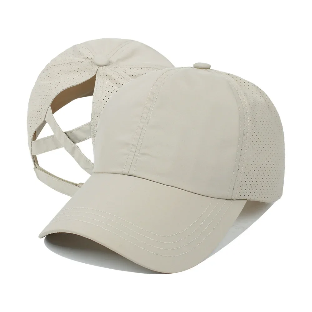 Gorra de béisbol de secado rápido de color sólido de verano para mujer, sombrero para el sol de malla con cola de caballo cruzada informal para deportes al aire libre