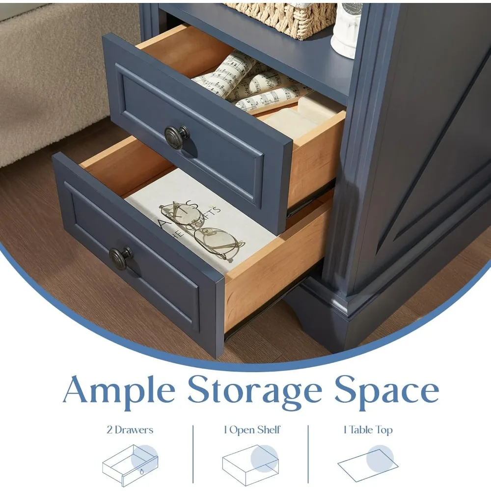 منضدة ريفية ذات درجين مع قاعدة شحن ورف مفتوح، وطاولة جانبية لغرفة النوم على الطراز العتيق #6