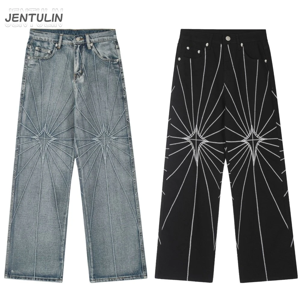 

Y2K Oversized Men Branch Radial Grid Embroidered Jeans Denim Straight Black Trousers Street Retro Style Hip Hop Korean Pant Goth