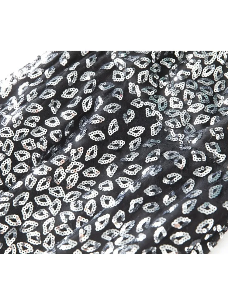 QMQA Mode Damen Elegantes Kleid Pailletten Off-Shoulder Kurzarm Glänzend Schwarz Lange Kleider Sommer Neue 2025, Kleidung QM664