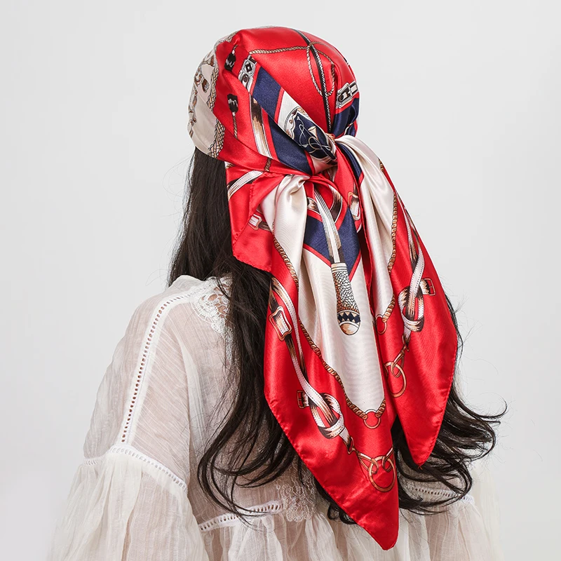Luxus Marke 90 cm Platz Silk Schal Frauen Schals Wraps Hijab Schals Drucken Kopftuch Femme Kopf Schal Foulard Bandana Strand pareo – Detail 14