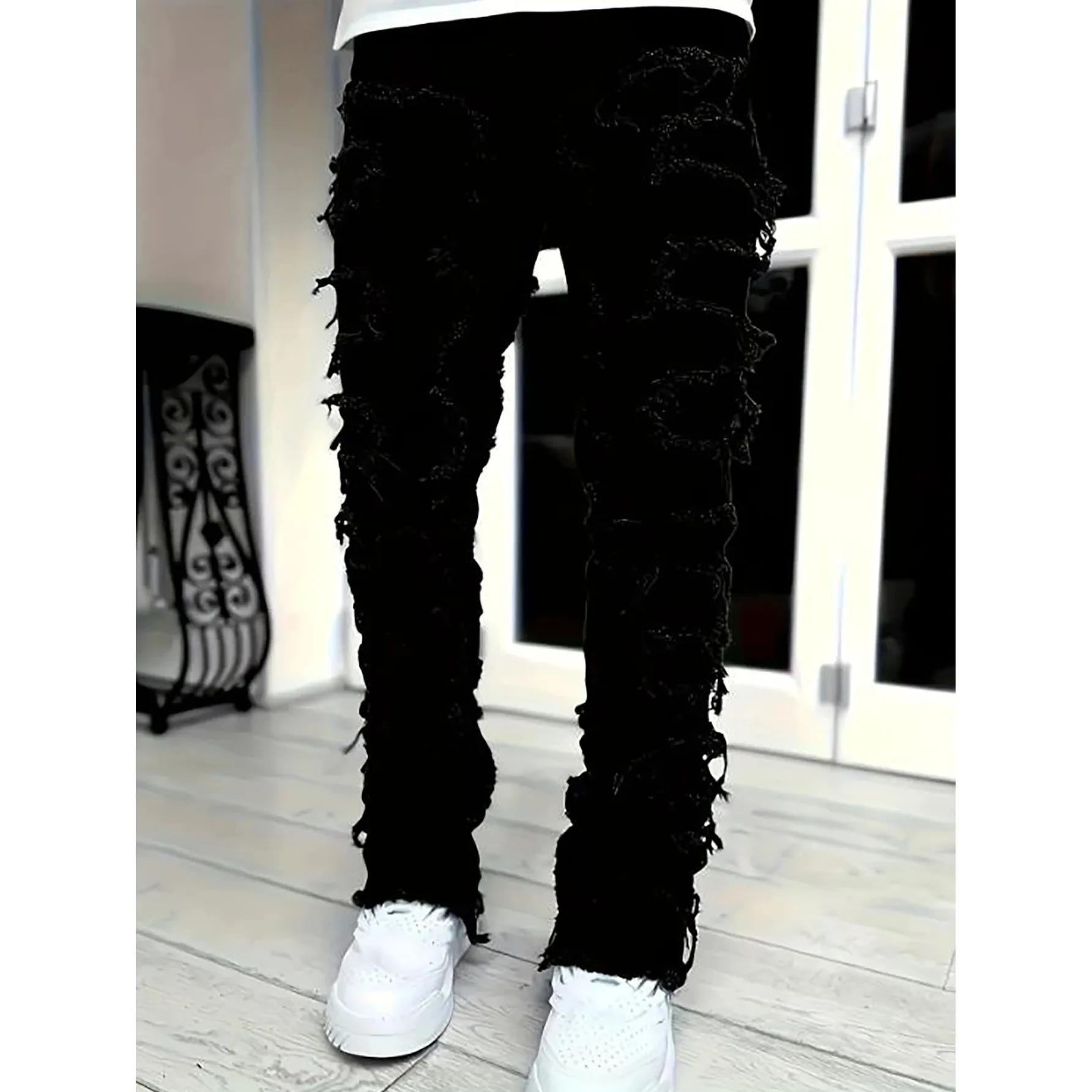 

Y2K Hip Hop Sle Fringed Casual Street Sle Men's Jeans Straight Leg Clean Fit PVC Material Neutral G