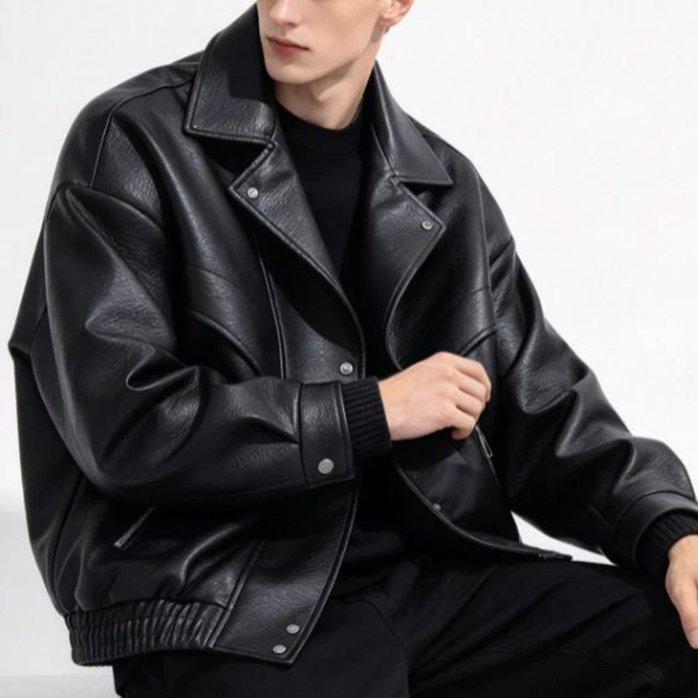 For Men's Polyester Faux Leather Jacket PU Leather Outerwear Loose Fit Lapel Collar Regular Length All Season Jacket