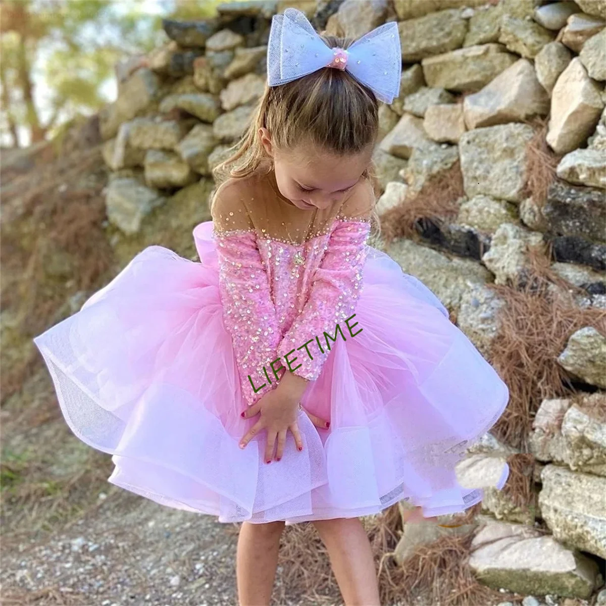 Pink Full Sleeve Flower Girls Dresses for Girls 2023 Summer New Tiered Soft Tulle Christmas Gowns for Baby فلور فتاة اللباس