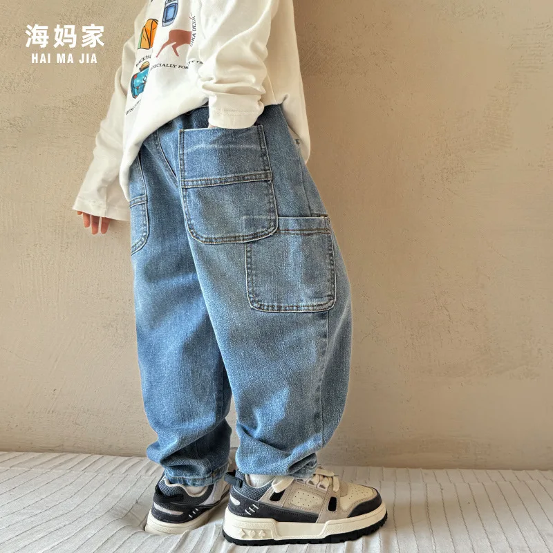 

Джинсы для мальчиков на весну и осень, свободные джинсовые брюки средней длины на шнуровке, Детские однотонные джинсовые брюки с потертостями для подростков