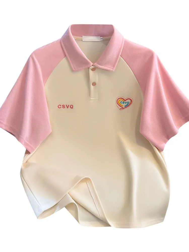 자수 레터링 루즈핏 여성 티셔츠 여름 캐주얼 면 혼방 한국 스타일 탑