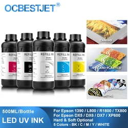 5 × 500ML LED UV tusz do DX4 DX5 DX6 DX7 DX10 TX800 XP600 głowica drukująca do Epson 1390 L800 L1800 L805 R1800 R1900 UV zaktualizowane drukarki