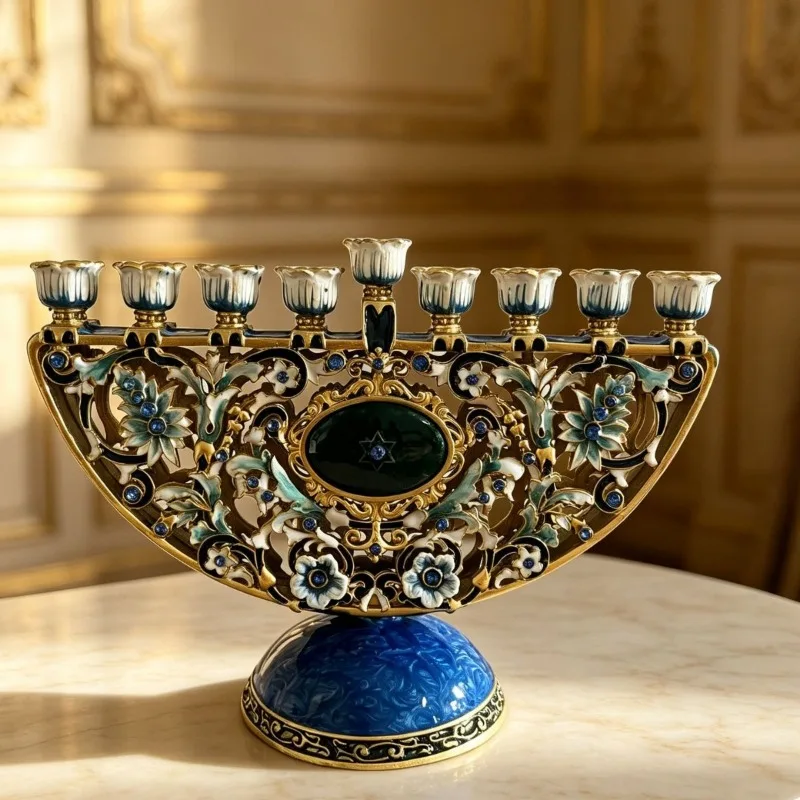 European Vintage 9-Branch Hanukkah Menorah, Desktop Candelabra for Holiday Display, Home Table Decor & Festival Gift
