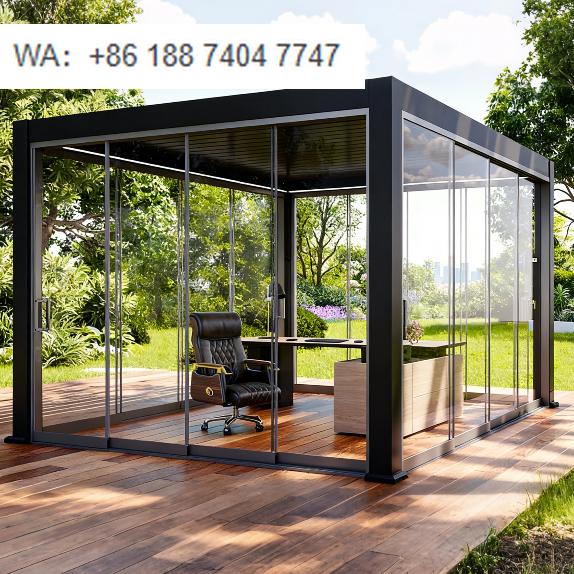 Electric Waterproof Powder Coated Aluminium Pergola Pavilion for Balcony and Garden Outdoor with Sliding Glass Doors
