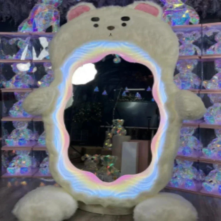 Nordic Wave Full-length Mirror RGB Color Lighting Decoration Pet Cartoon Image Coat Shaped Floor Mirrors Optical