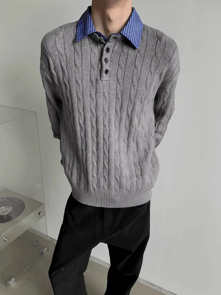 Bla Knitted Long Sve Sweater Men's Sle Lazy  Coat Autumn Winter High End Feeling Fake Two-Piece Design Button Closure