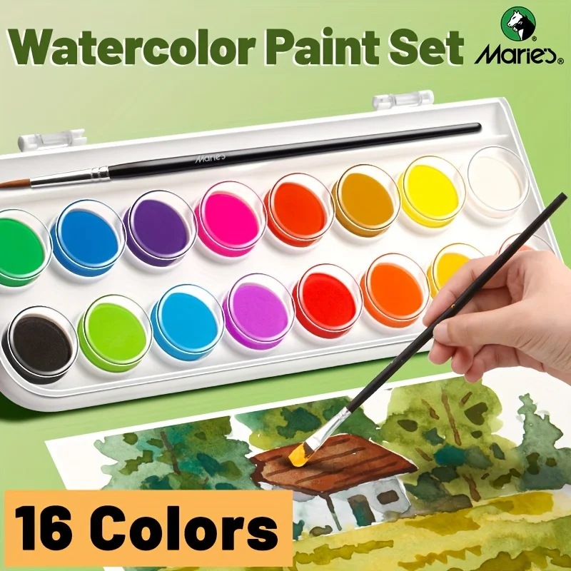

Marie's Watercolor Paint,16 Colors,Pigment Sets with a Brush & Portable Box,Perfect for Decoration,Painting,Gifts for Artists