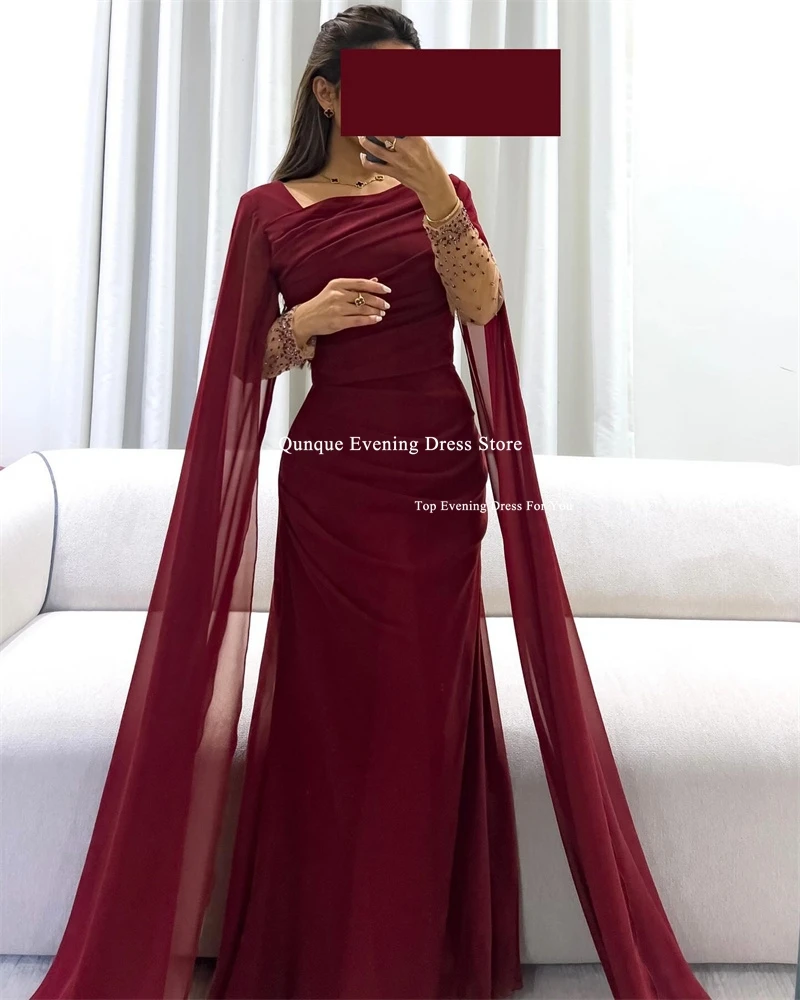 Qunque Graceful Customized Women\'s Mermaid Evening Dresses Pretty Cape Beaded Burgundy Prom Gowns Sexy Split Vestido Festas Luxo