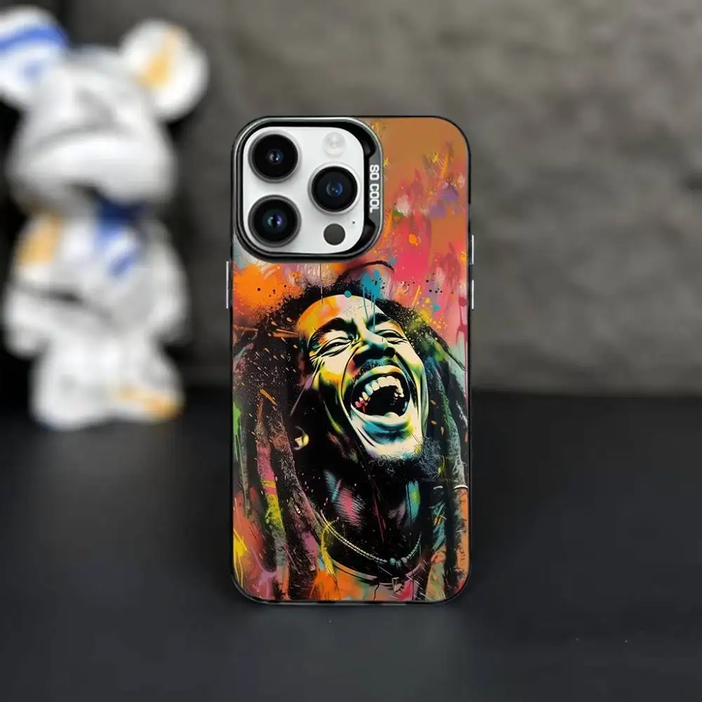 حافظة هاتف B-Bob M-Marley Singer لهاتف iPhone 16,15,14,13,12,11,Mini,Pro,MAX غطاء أسود غير لامع مقاوم للصدمات