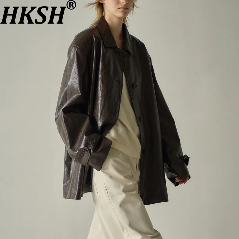 

HKSH Spring Autumn New Women Jacket Wide Shoulder Faux Leather Turn-down Collar Single Breasted High-End Streetwear Coat HK11422