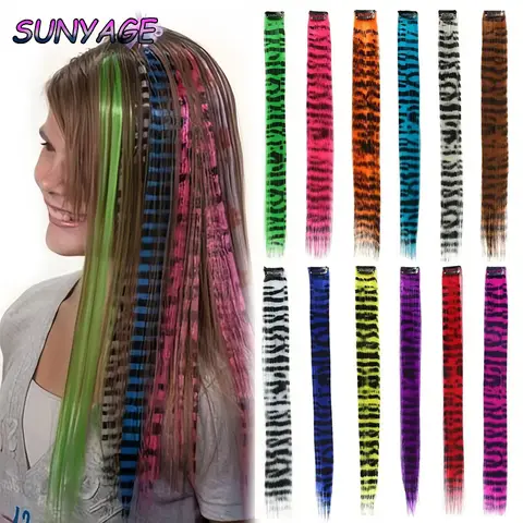 SUNYAGE 합성 원 카드 헤어 익스텐션 가발 헤어 여성용 롱 스트레이트 클립 인 컬러 얼룩말 라인 깃털 헤어 익스텐션
