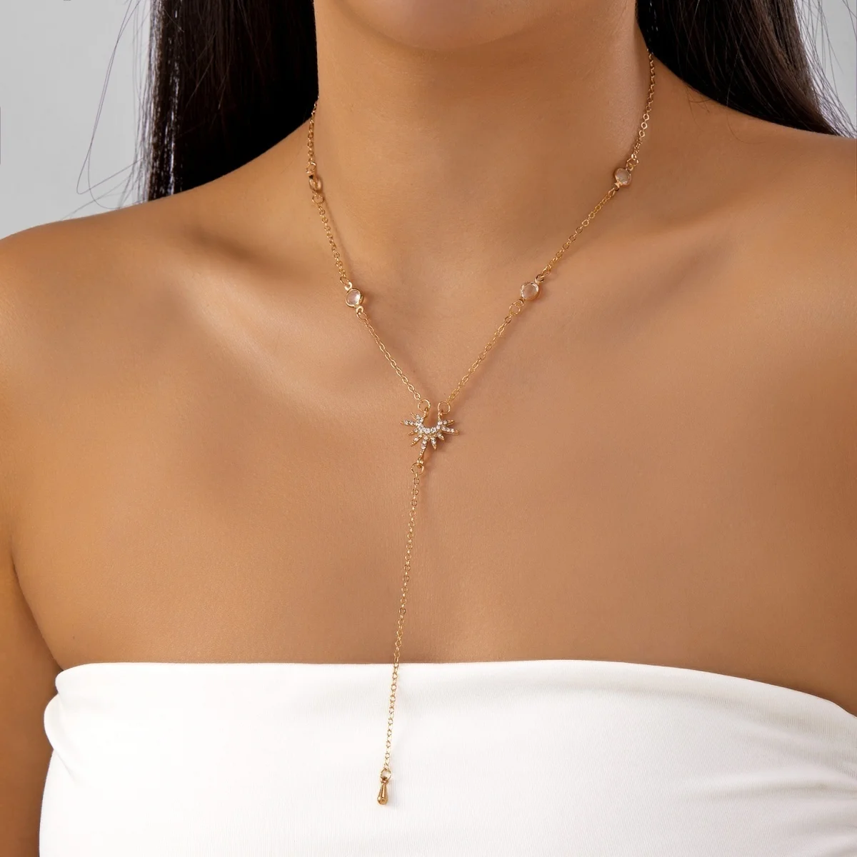 Doppelschichtige Strass-Geometrische Sonnenanhänger-Halskette in Y-Form für Frauen, Eleganter Rhombischer Sonnenblumen-Choker, Partyschmuck – Detail 19
