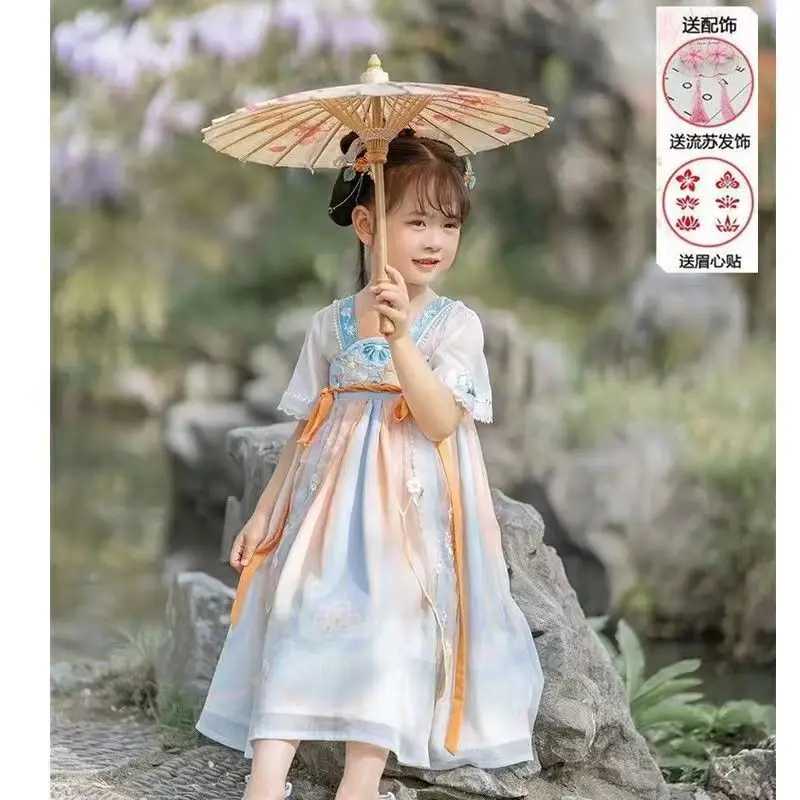 فستان ملابس صينية قديمة فائقة الجنية للفتيات ، فستان الأميرة الصغيرة ، ملابس أداء للأطفال ، الصيف