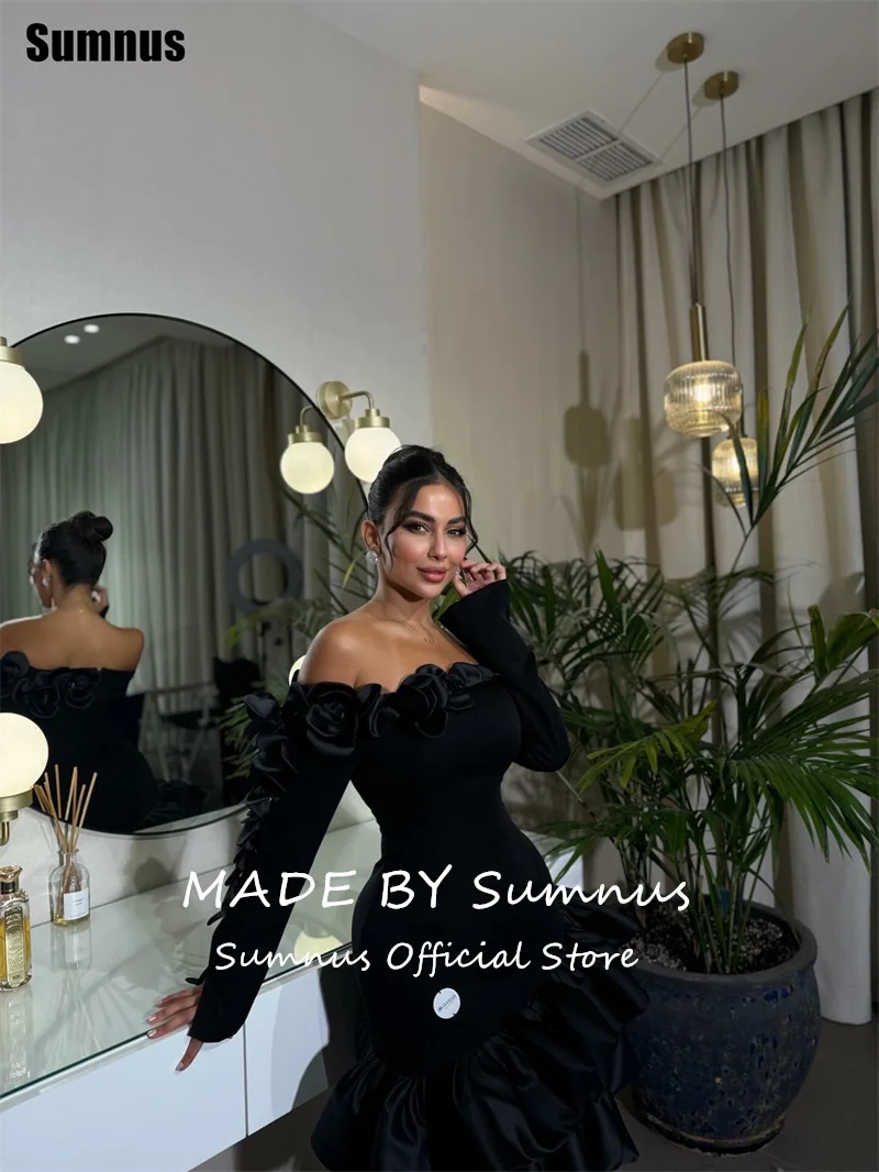 Sumnus بسيط أسود حورية البحر فساتين لحضور الحفلات الموسيقية قبالة الكتف Ruched طول الركبة فساتين الحفلات حفل Fساتين Shret مخصصة