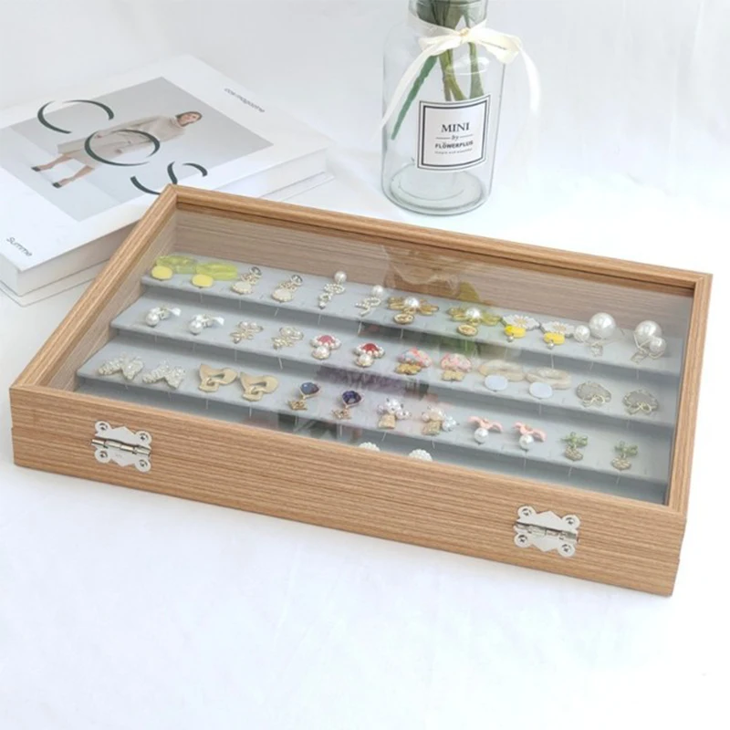 

Transparent Lid Jewelry Box Wooden Storage Box Grid Jewelry Tray Showcase Lockable Jewelry Storage Organizer Earrings Necklace