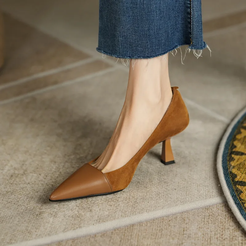 

High Heel Shoes Women's Spring Autumn 2024 New Slim Heel Pointed Mix Colors Work Pumps Retro Shallow Fashion Single Shoes