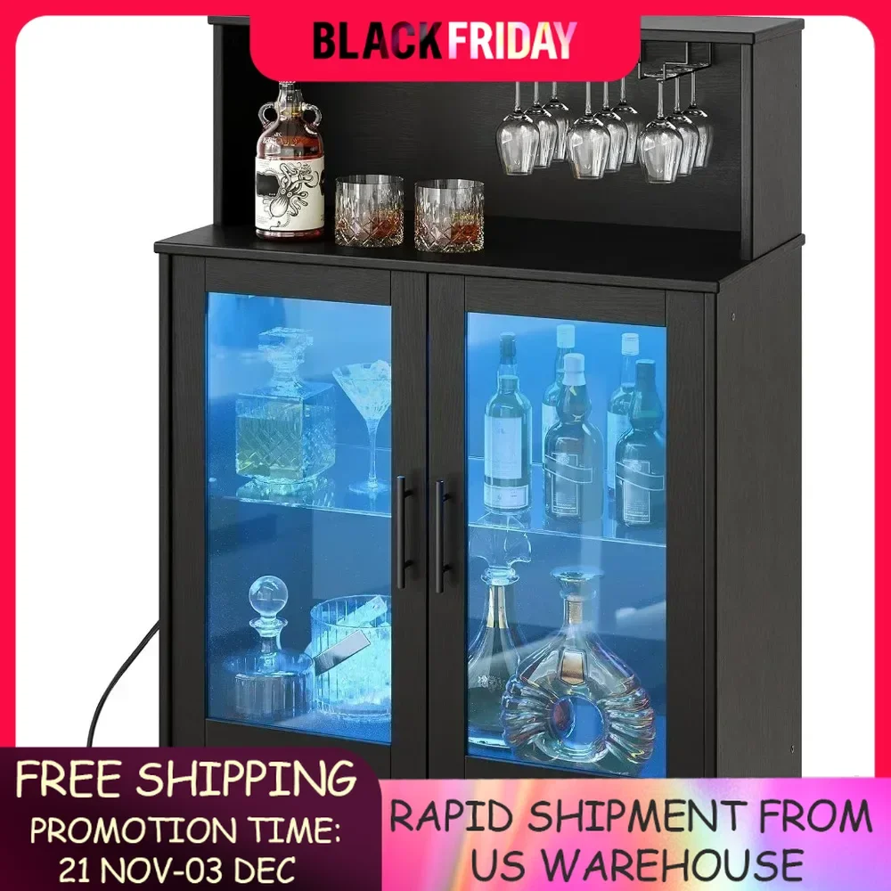 Bar Cabinet with Storage,LED Liquor Cabinet with Power Outlets,Coffee Bar Cabinet for Liquor and Glasses Suitable for kitchen