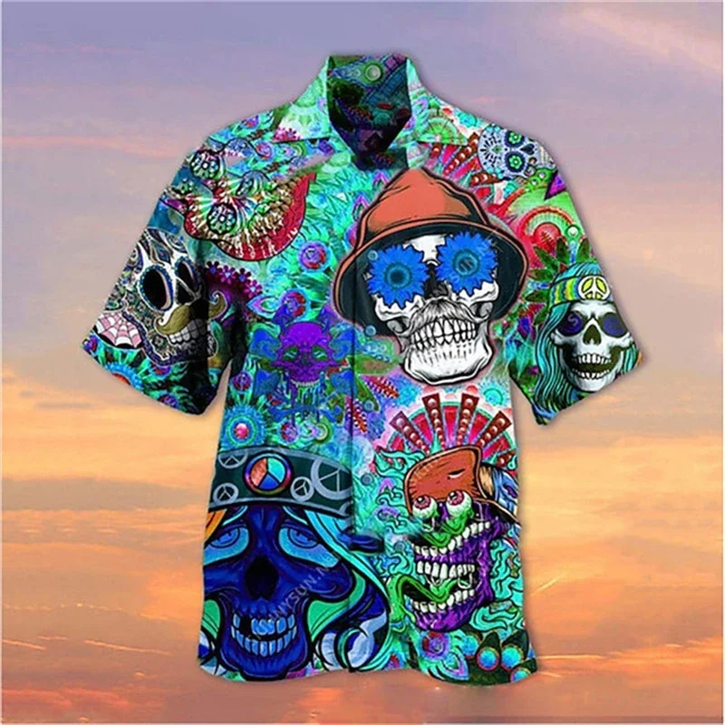 Camisa con solapa de calavera para hombre, camisa hawaiana informal con estampado 3D de terror, Retro, con botones, de manga corta, nueva