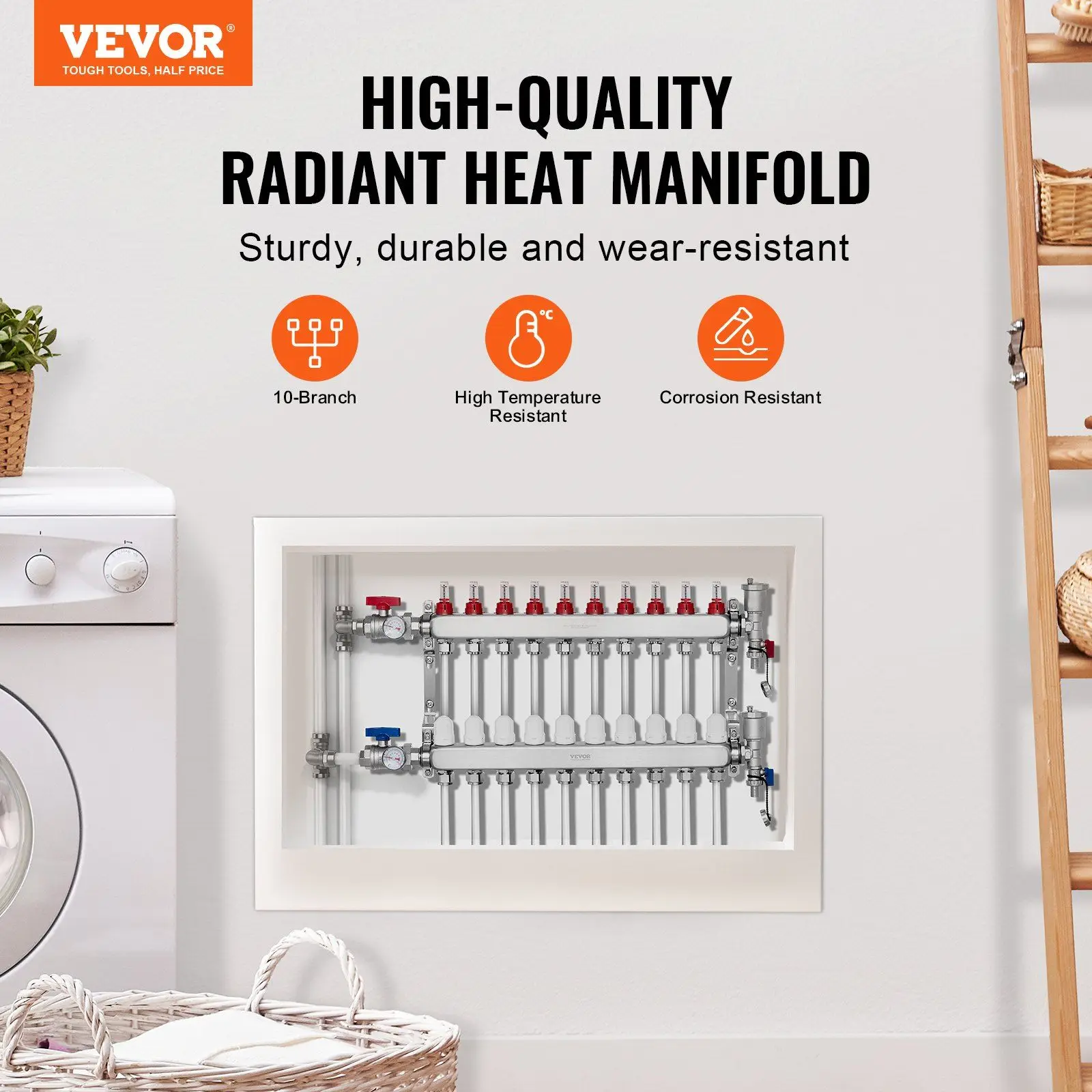 

10-Branch Radiant Heat Manifold, 1/2" PEX Tubing Manifold, Stainless Steel PEX Manifold for Hydronic Radiant Floor Heating,