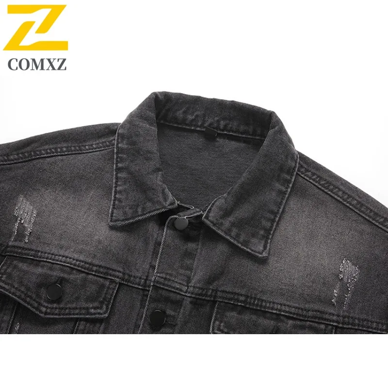 COMXZ Mens 빈티지 데님 자켓 한국 스타일 솔리드 컬러 방수 방풍 작업복 미니멀리스트 streetwear 야외 캐주얼 코트