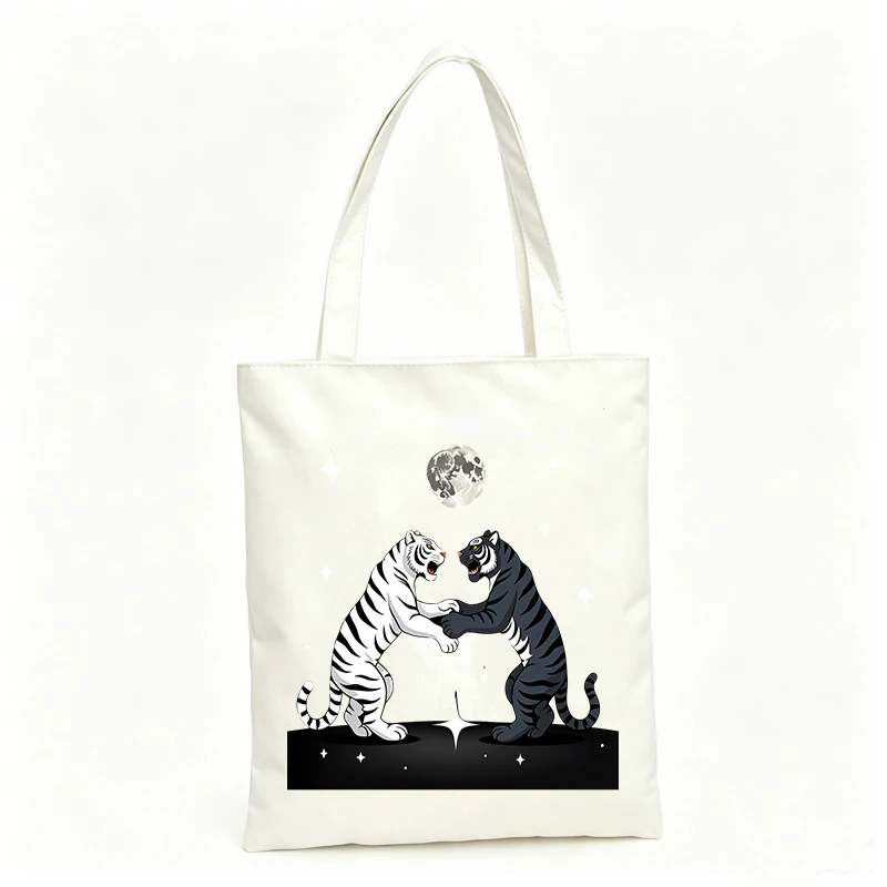 Women's tiger graphic canvas tote bag with moon design, perfect for casual outings and daily use