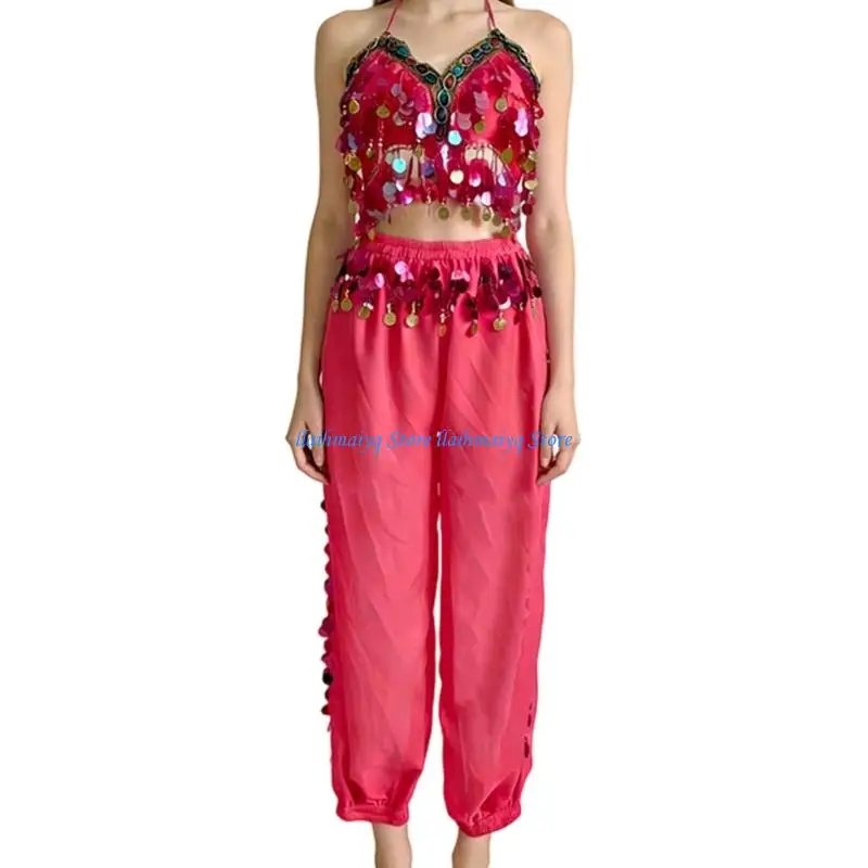 

573B Belly Dance Costume Set Laces Up Sequins Bra Top Lantern Pants Halloween Costume