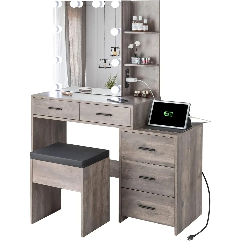 Lighted Vanity Desk with Sliding Mirror Modern Makeup Vanity Table with Charging Station, 5 Drawers, Storage Shelves, Cushioned