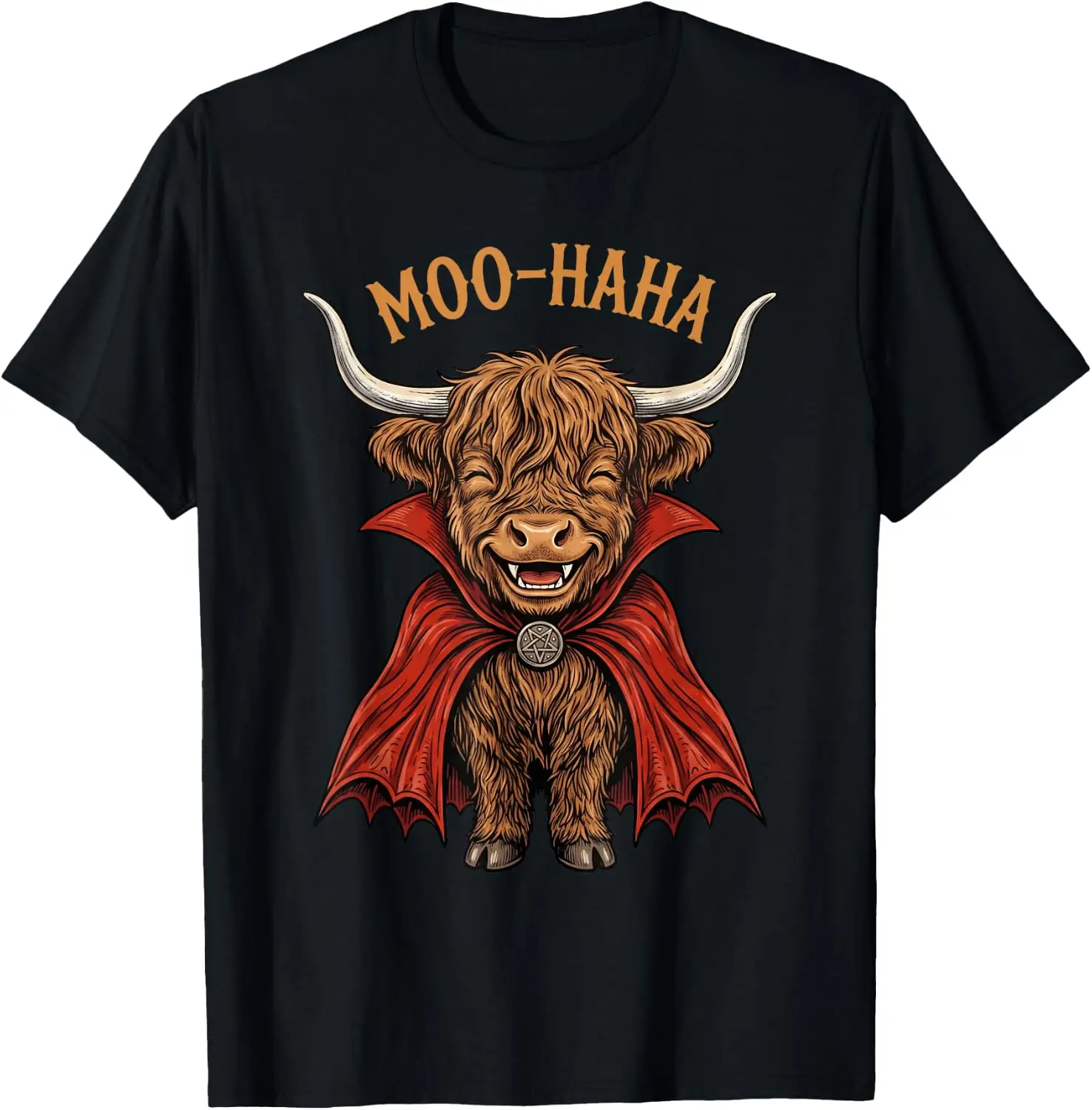 Funny Moo Ha Highland Cow Vampire Humor Halloween Costume T-Shirt Cute Halloween Pumpkin Short-Sleeve Tee: Fun, Breathable, Pure Cotton, Stylish—Perfect for Sports, Lounging, or Casual Wear.