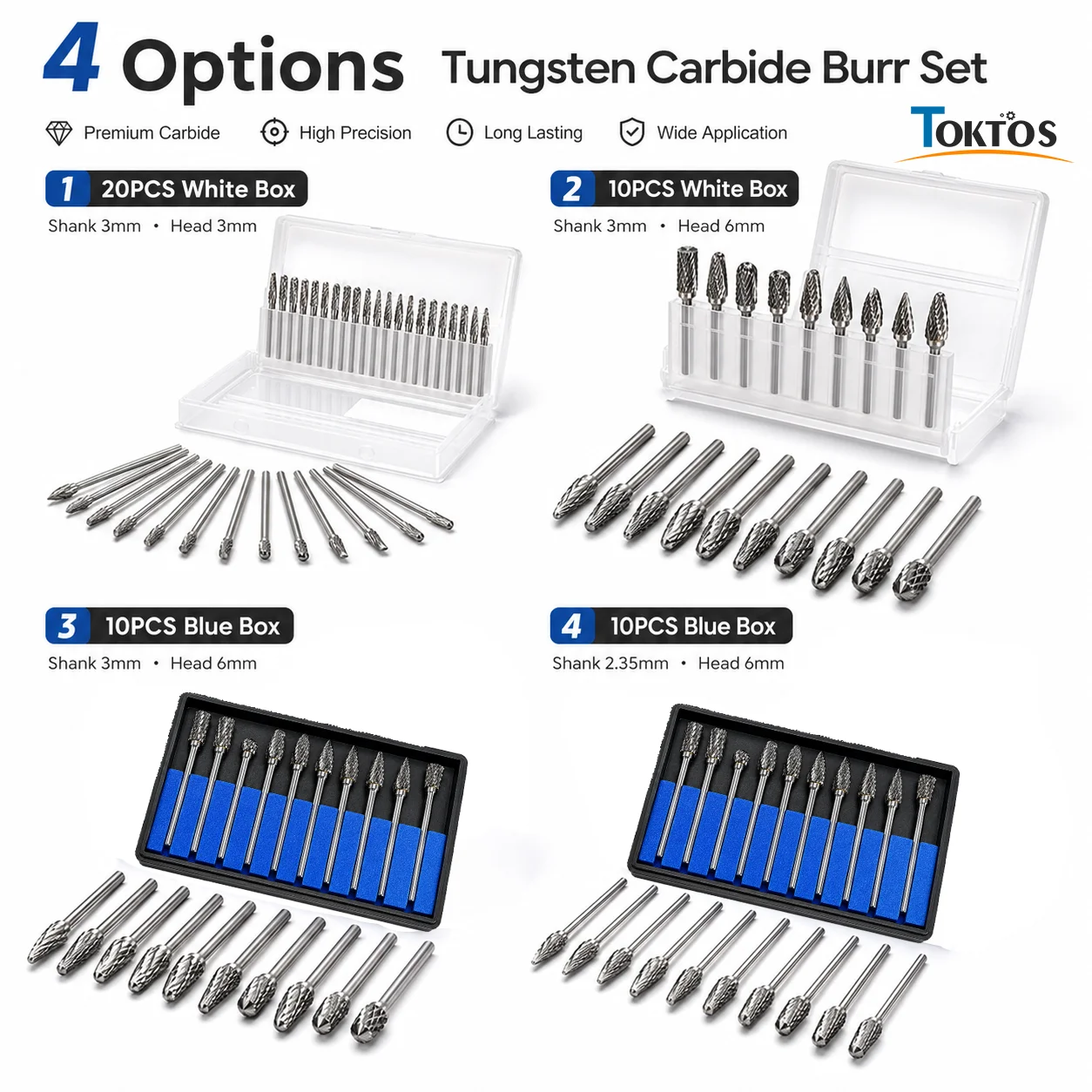 TOKTOS 10PCS 20PCS Tungsten Carbide Rotary Burr Set 2.35mm 3mm Shank for Jewelry Metal Carving Deburring Grinding