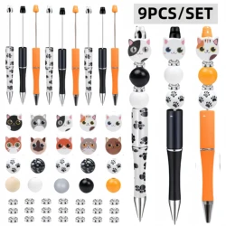 9 PCS of colorful cute cat themed DIY bead black ink ballpoint pen and wooden bead set, with 10 cute cat wooden beads