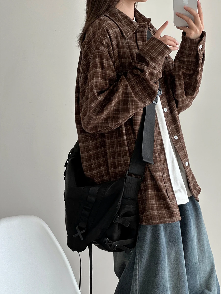 

Японская фланелевая рубашка в клетку с длинным рукавом, свободного кроя, повседневная, с отложным воротником, для мужчин и женщин