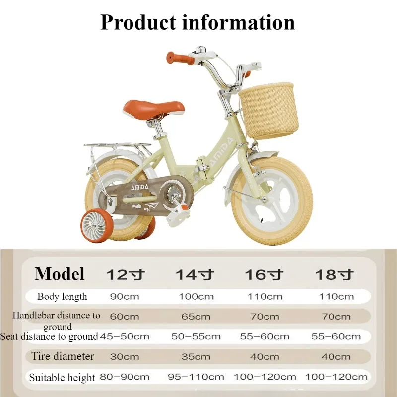 Kids Bike with Training Wheels Basket Double Brake Large Backseat Anti-slip Lightweight Foldable Bicycle for Kids Teens Boy Girl