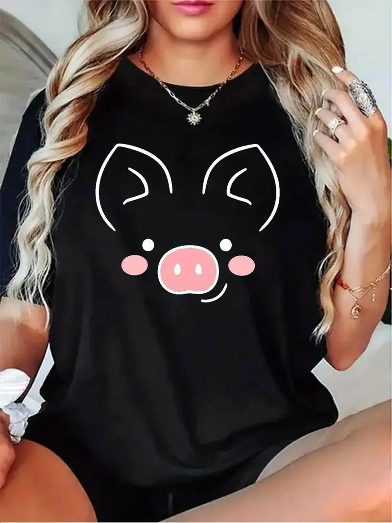 Women's Pig Face T-Shirt With Glowing Eyes Soft Round Neck Short Sleeve Top Pig Print Suitable For Casual Wear And Themed Events