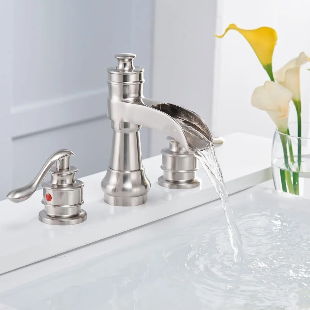 Two-Handle High Arc Brushed Nickel Bathroom Faucet with Waterfall Spout, Widespread 8 Inch, Suitable for Sinks